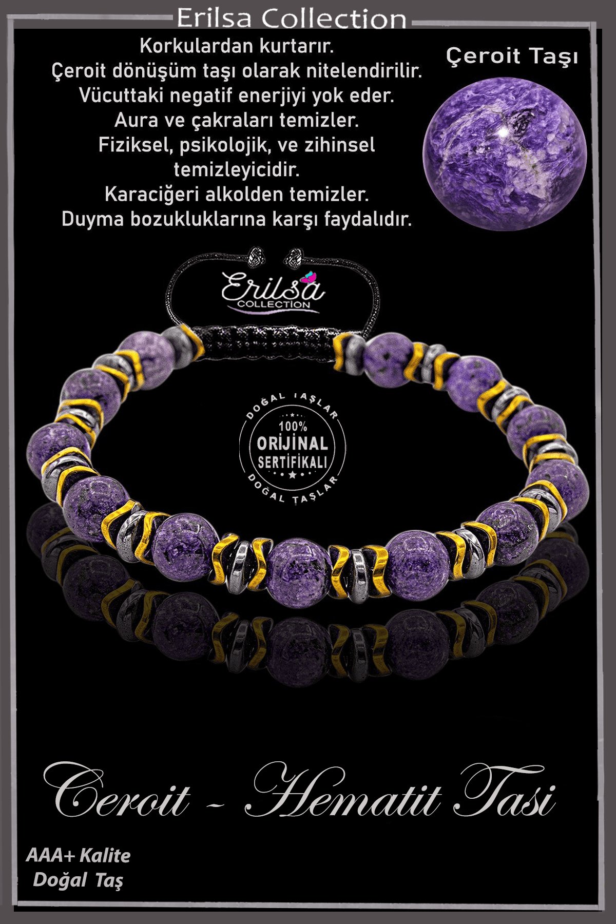 Sertifikalı AAA+ Gold - Hematit Aparatlı Çeroit Taşı Bileklik