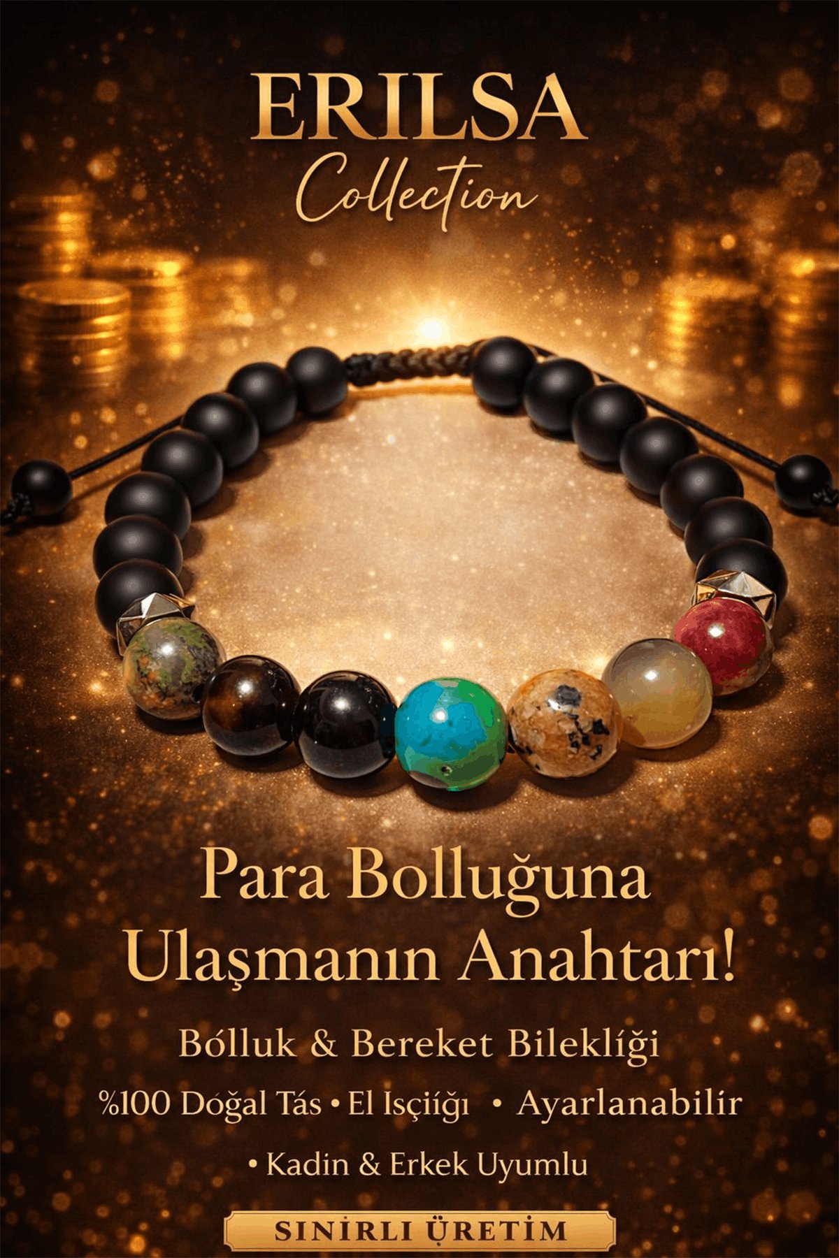 Sertifikalı Doğal Taş Bolluk Bereket Bilekliği Para Enerjisi Bilekliği - Kuvars Akik Turkuaz Jasper