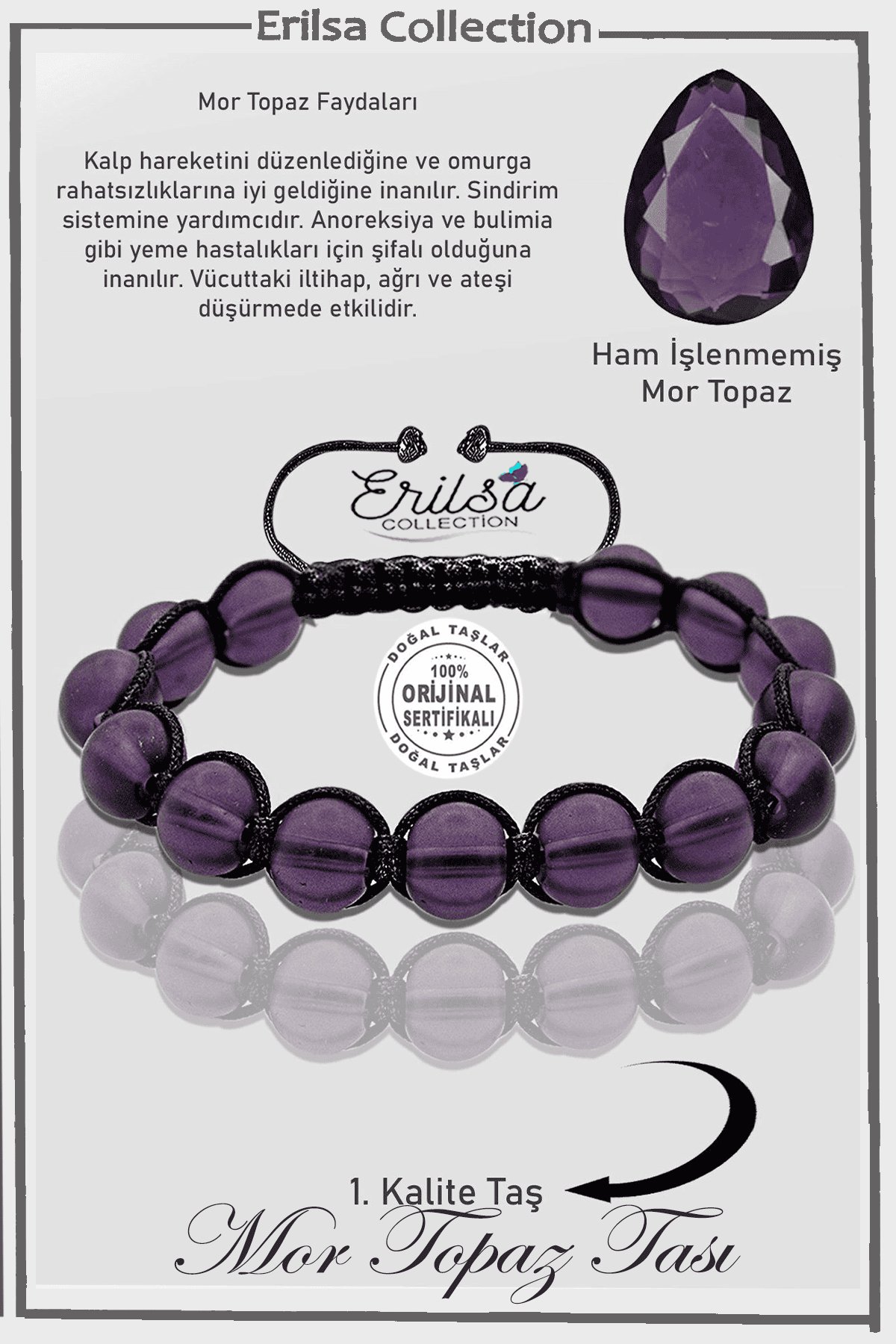 Sertifikalı AAA+ Ham İşlenmemiş Mor Topaz Taşı Bileklik - Ayarlamalı