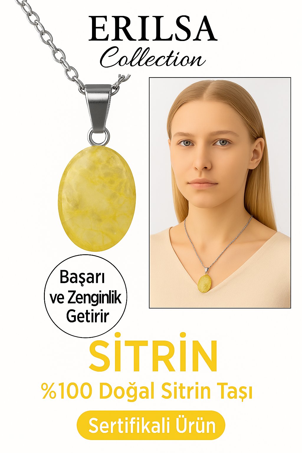 Sertifikalı Oval Sitrin Taşı Doğal Taş Kolye – Bolluk ve Bereket Enerjisiyle Hayatına Işık Katar