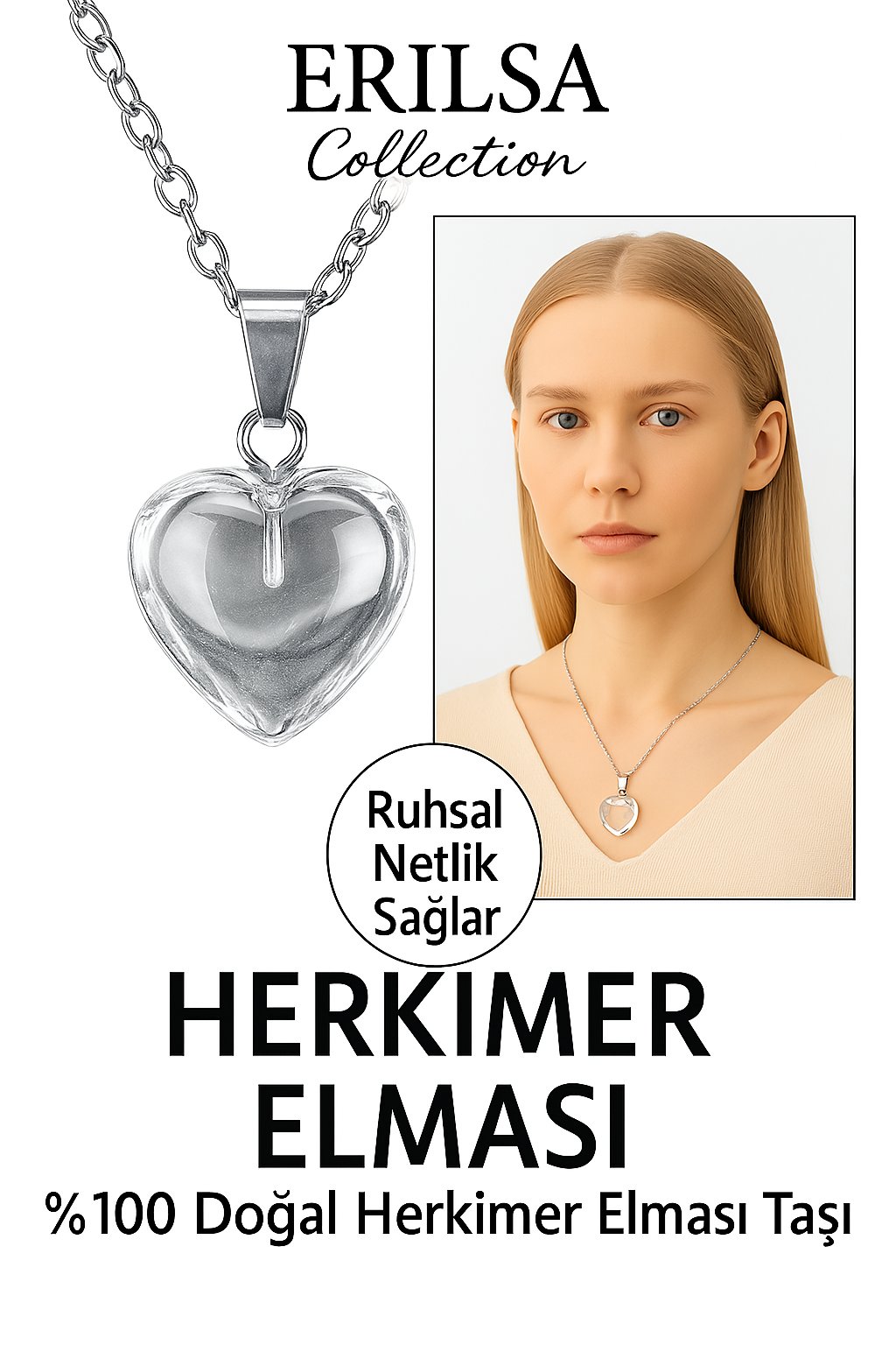Sertifikalı Kalp Model Herkimer Elması Kolye – Yüksek Frekanslı Netlik ve Işık Taşı