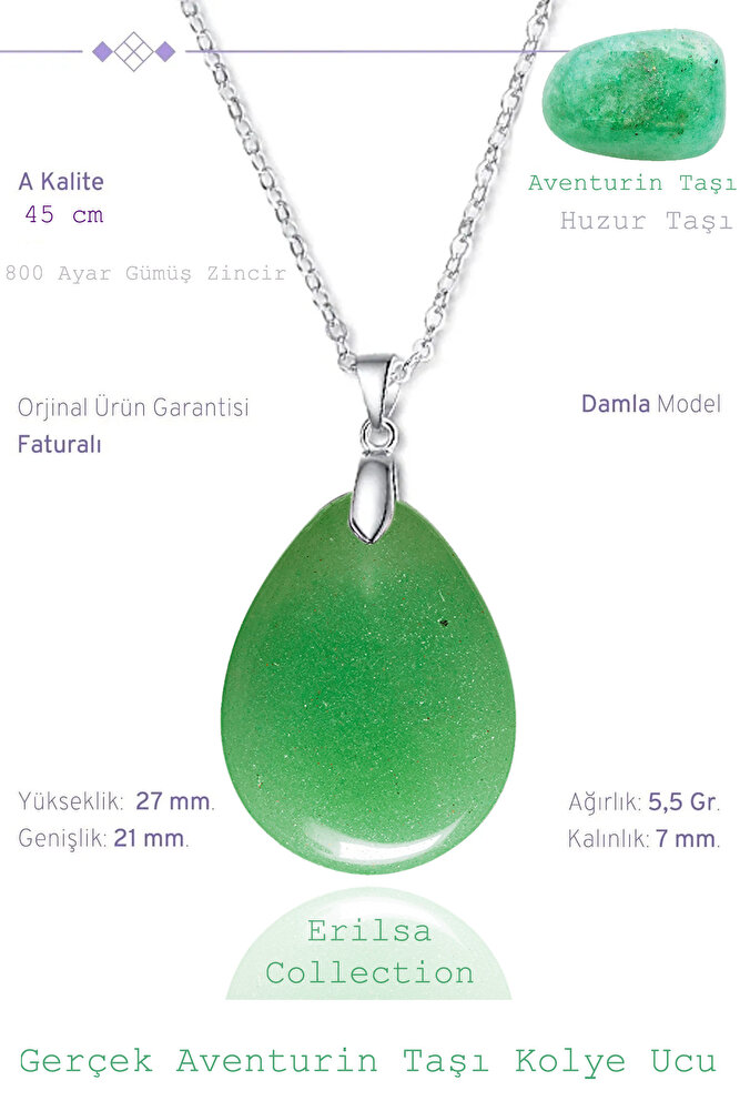 Sertifikalı Damla Model Aventurin Taşı Kolye (Gümüş Aparatlı)