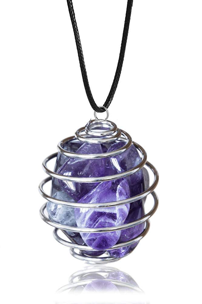 Sertifikalı Tel Sargılı Kafes Model Ametist Taşı Kolye