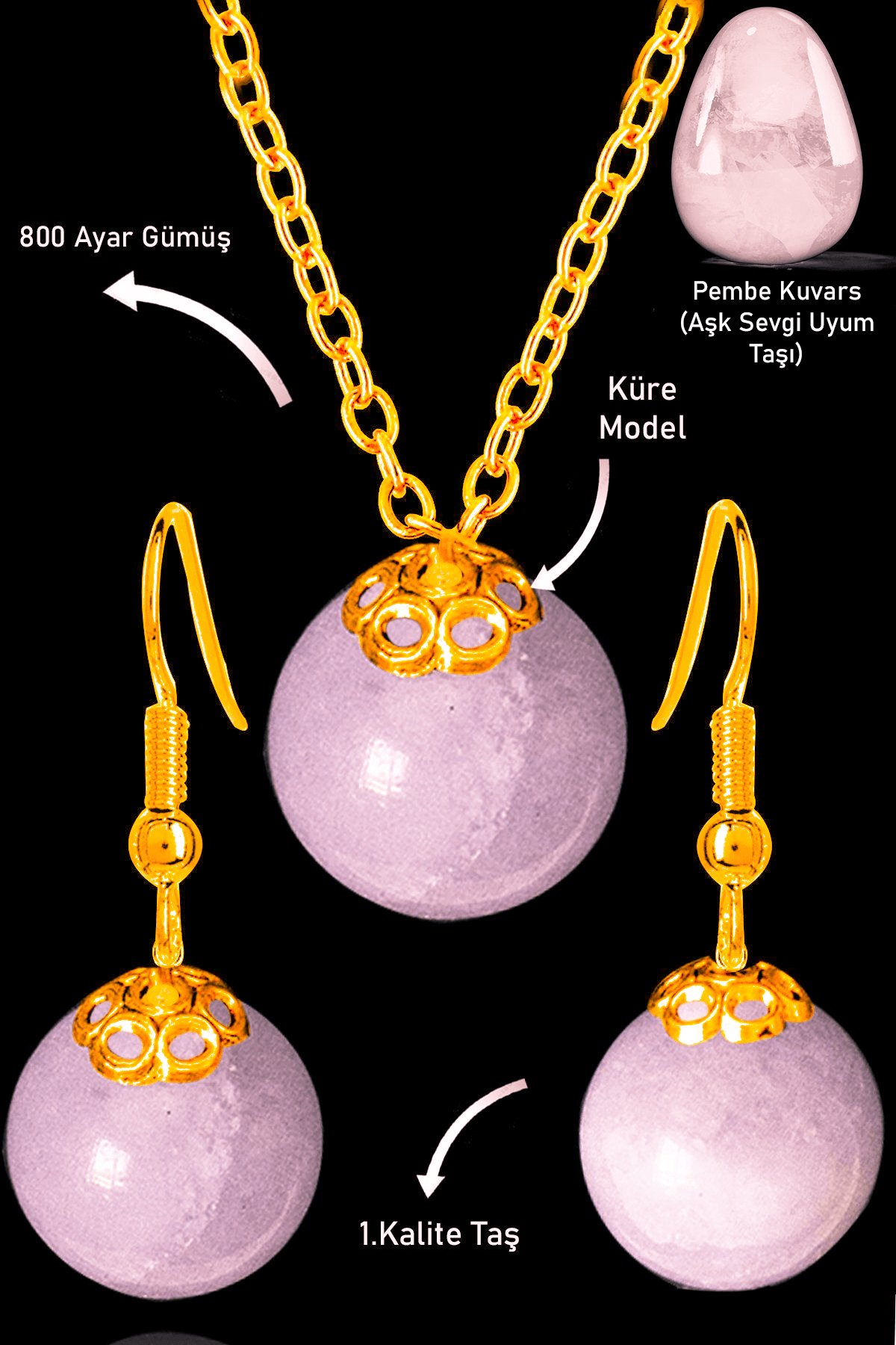 Sertifikalı Gold Küre Model Pembe Kuvars Taşı Kolye ve Küpe Seti - Açık Renk