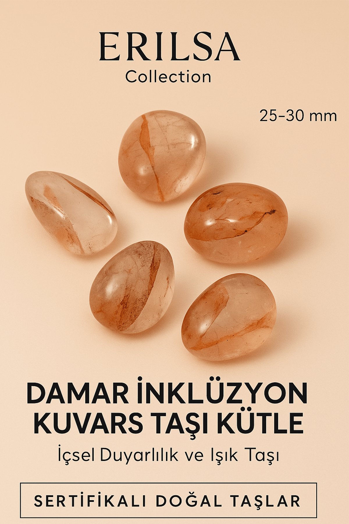 Sertifikalı Damar İnklüzyon Kuvars Taşı Kütle 25–30 mm İçsel Huzur Işık ve Duyarlılık Taşı