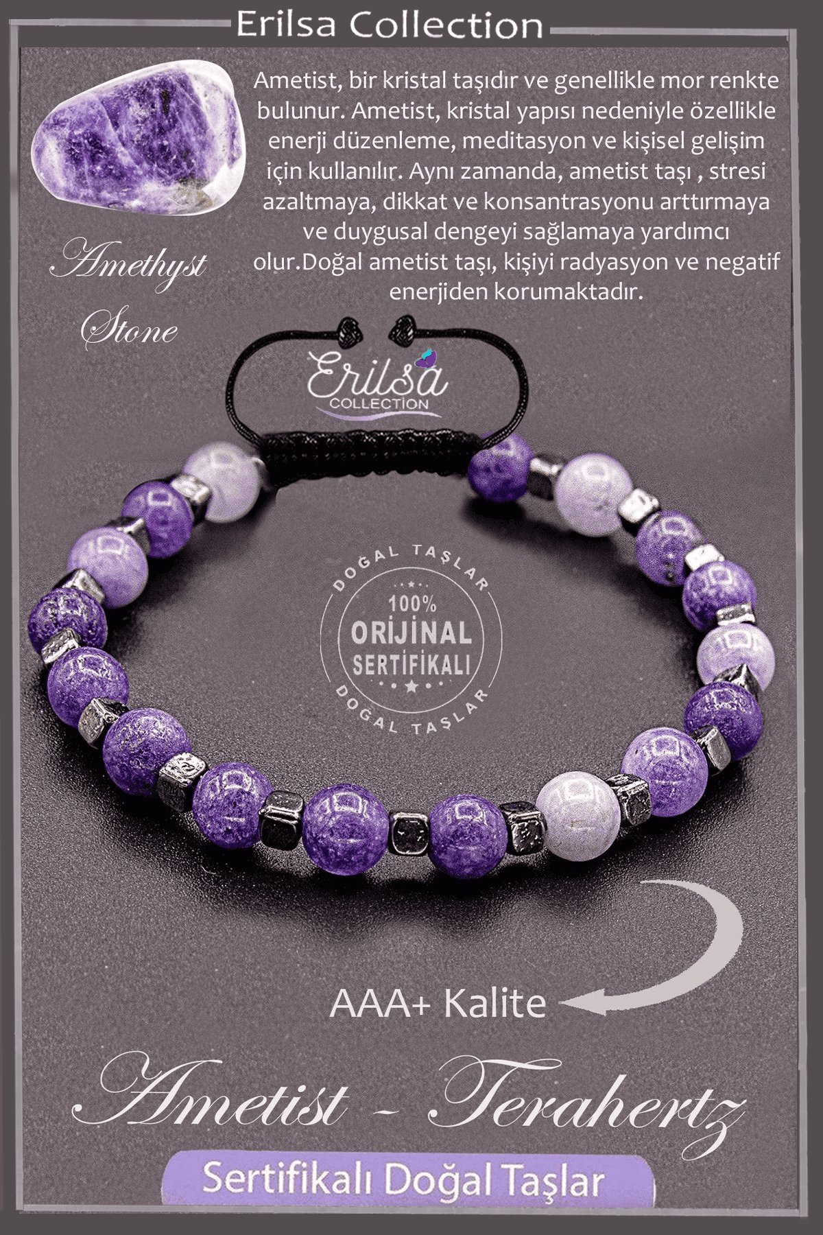 Sertifikalı AAA+ Kalite Gerçek Terahertz - Ametist Taşı Bileklik