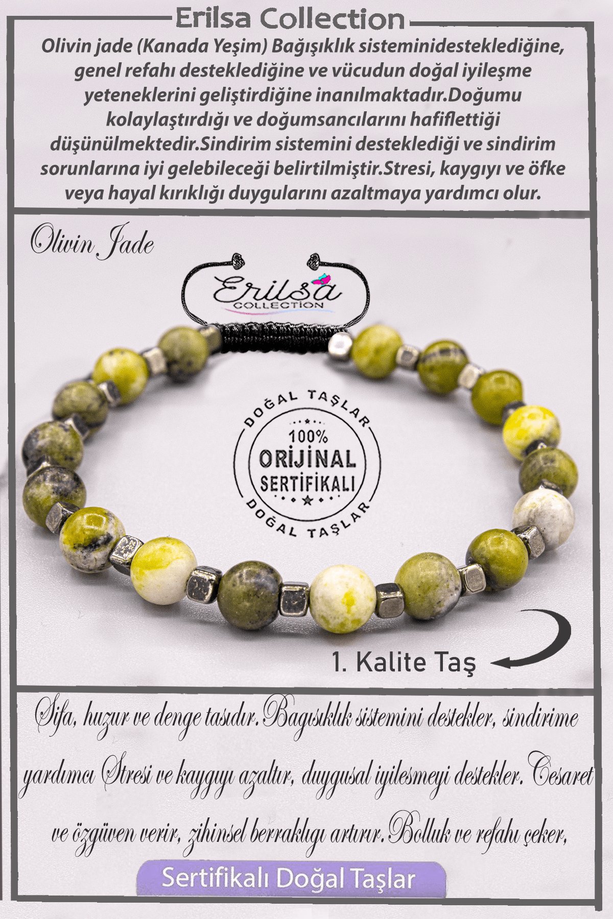 Sertifikalı AAA+ Kalite Gerçek Terahertz - Olivin Jade - Yeşim Taşı Bileklik