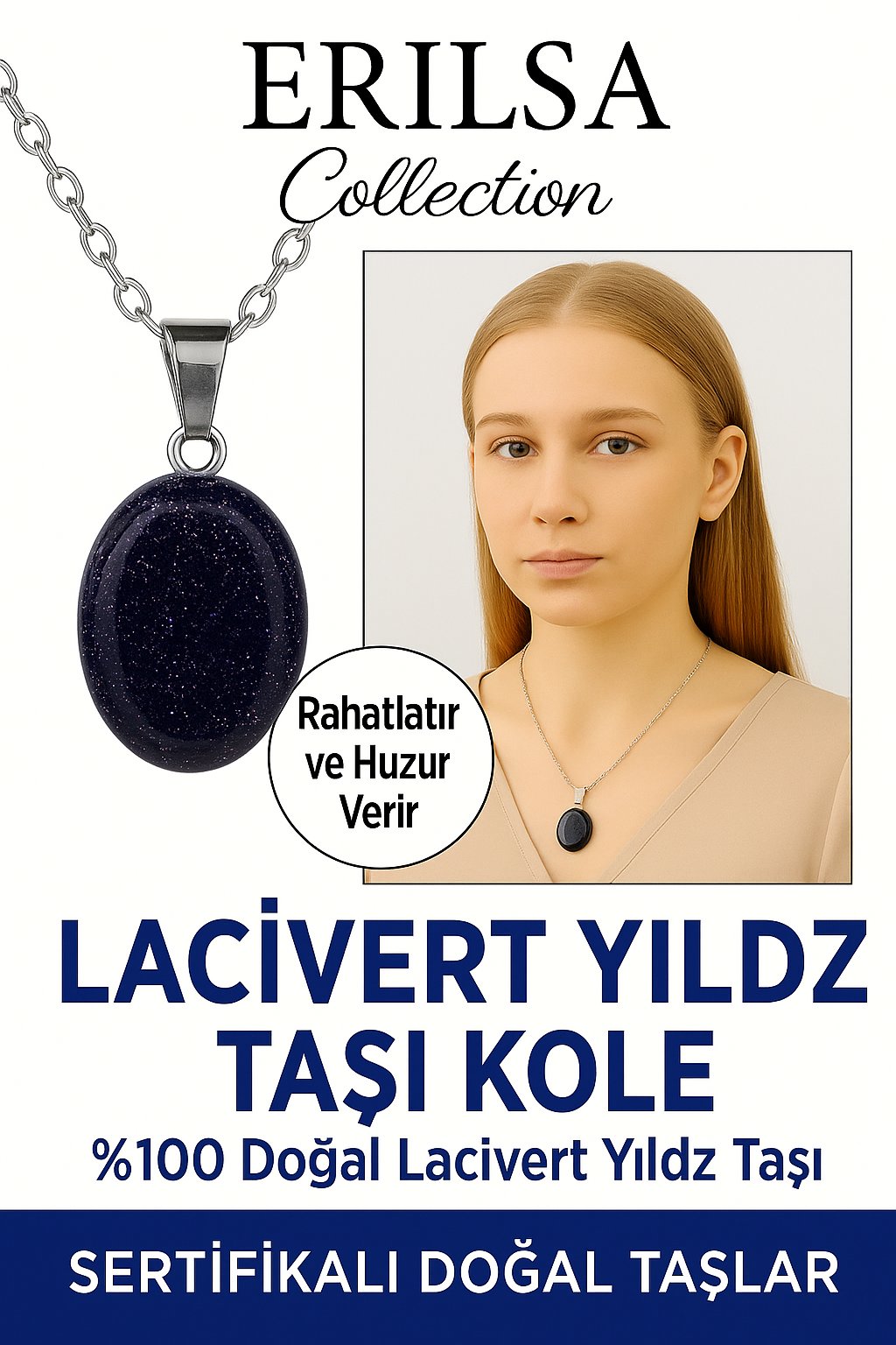 Sertifikalı Oval Lacivert Yıldız Taşı Kolye – Gece Işıltısı, Şans ve Ruhsal Koruma