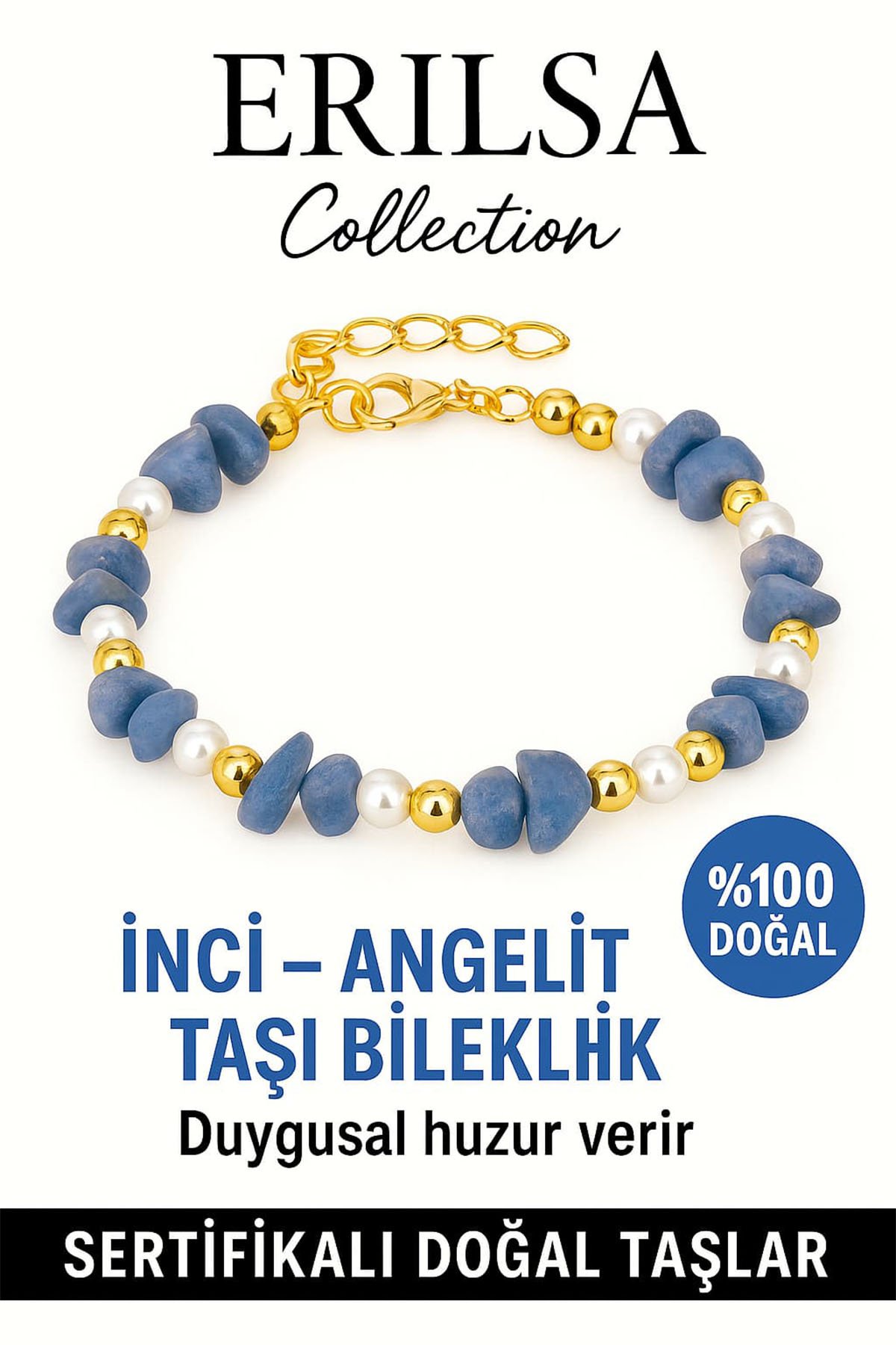 Sertifikalı Kırık Taşlı Model İnci – Angelit (Melek Taşı) Bileklik – Ruhsal Denge ve Koruma Enerjisi