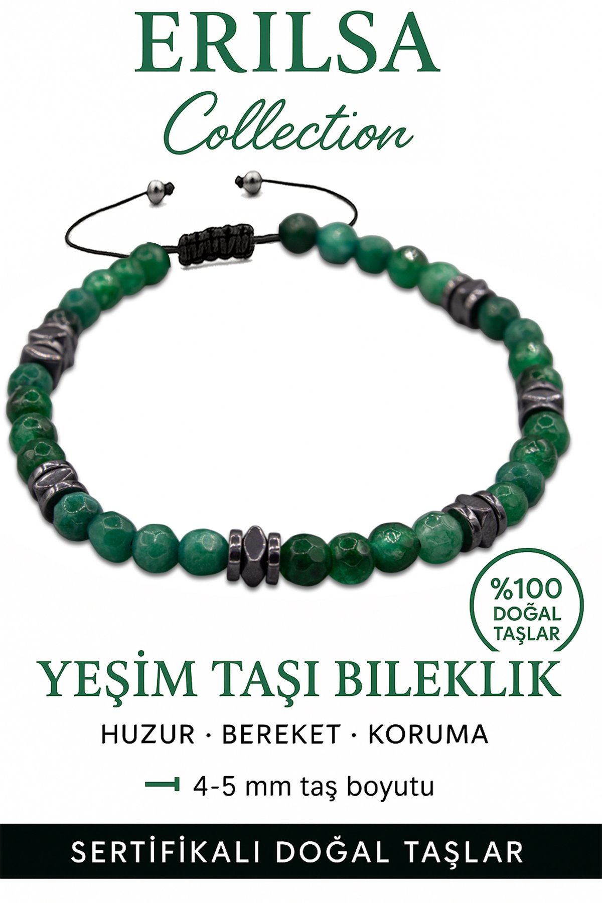 Sertifikalı Fasetli Terahertz – Koyu Yeşim Taşı Bileklik (İnce Model) – Bilgelik, Huzur ve Koruyucu Enerji Taşı