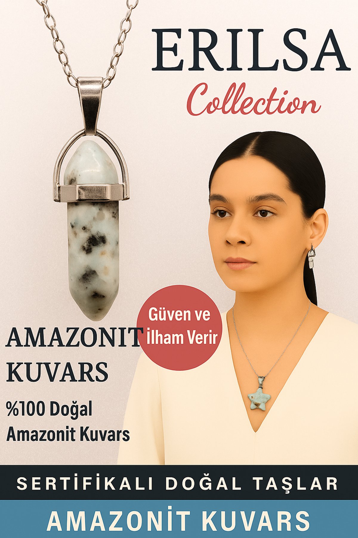 Sertifikalı Çivi Model Amazonit Kuvars Doğal Taş Kolye – Güven ve İlham Verir