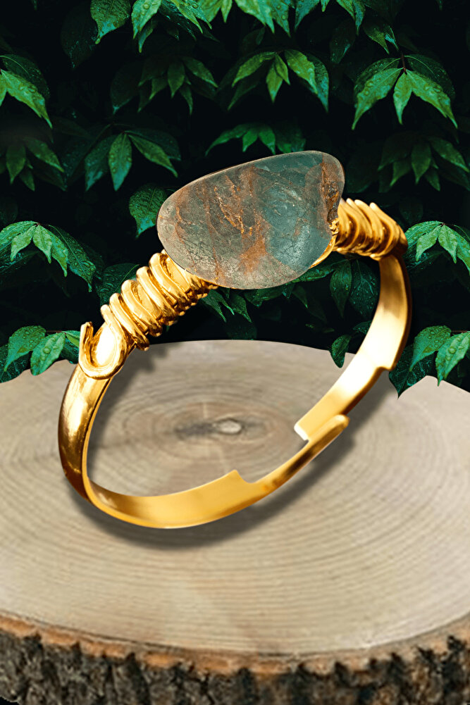 Sertifikalı Kırık Taşlı Gold Model Ince Ham Apatit Taşı Yüzük - Ayarlamalı