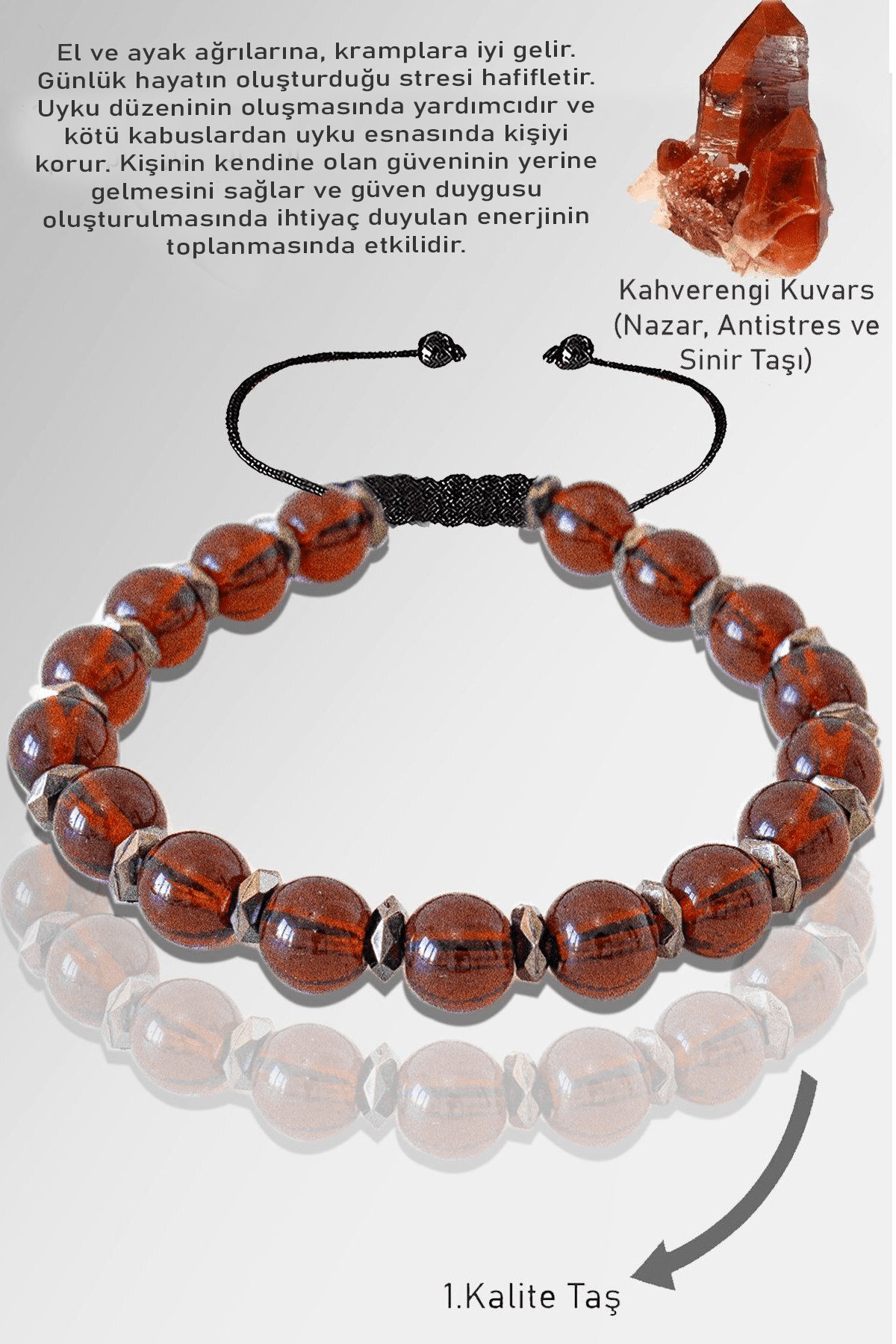 Sertifikalı Silver Fasetli Hematit - Kahverengi Dumanlı Kuvars Taşı Bileklik - Ayarlamalı