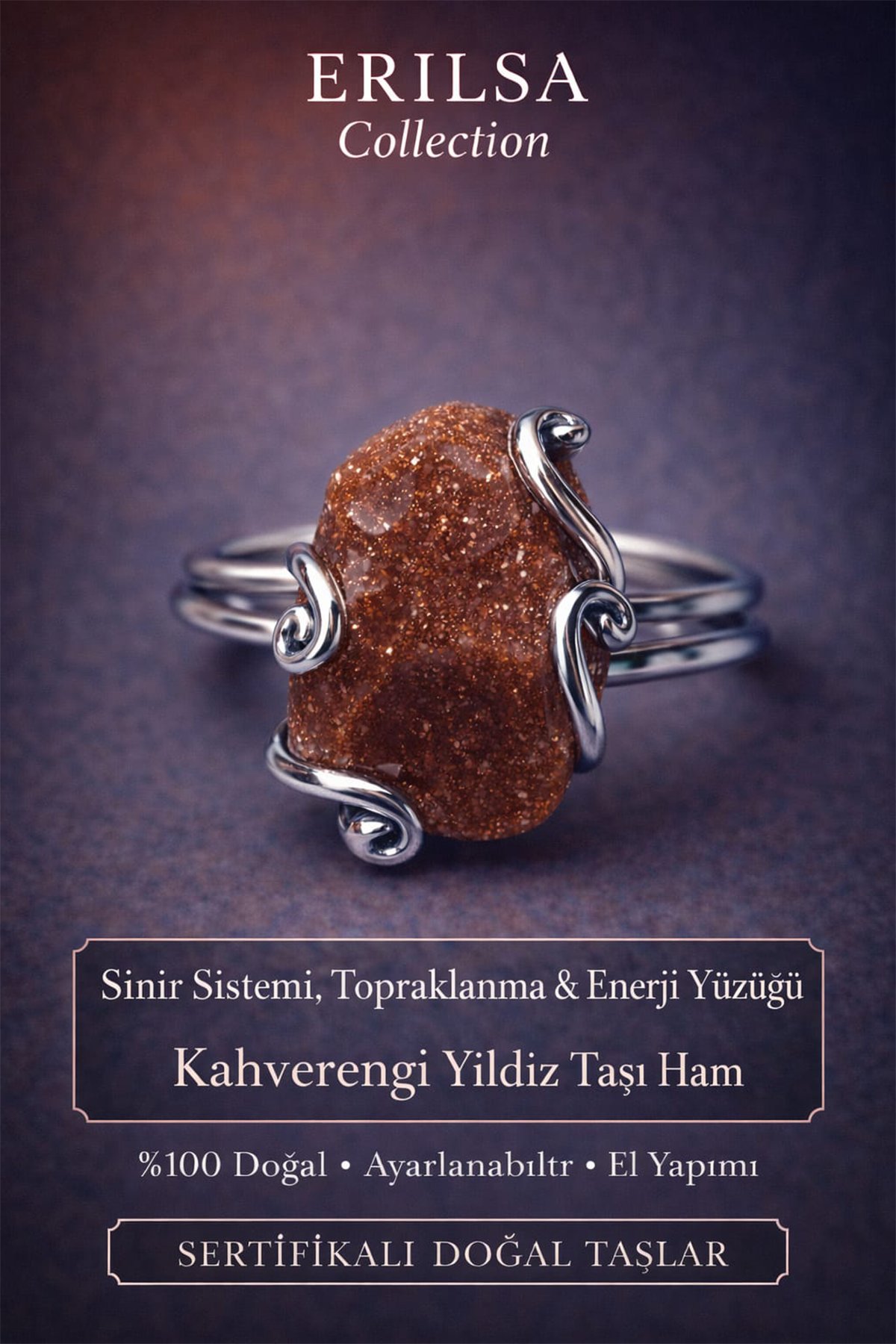 Sertifikalı Sinir Sistemi Topraklanma Enerji Denge Yüzüğü – Ham Kahverengi Yıldız Taşı – Ayarlamalı