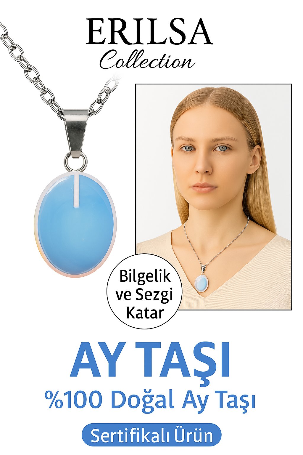 Sertifikalı Oval Ay Taşı Doğal Taş Kolye -Gümüş Aparat Dişil Enerjiyi Güçlendirir İçsel Denge Taşı