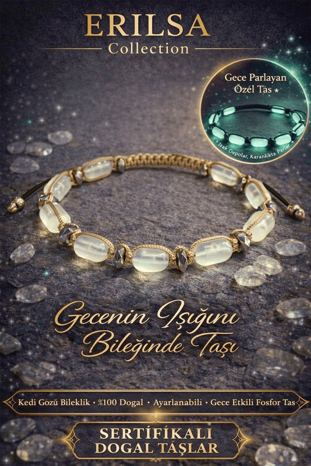 Sertifikalı Kedi Gözü Bileklik - 10mm Kapsül Kesim Fosforlu Gece Parlayan Akrilik Makrome