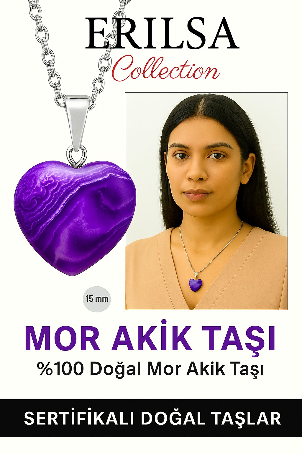 Sertifikalı Kalp Model Mini Boy Mor Akik Taşı Kolye – Koruma, Denge ve Ruhsal Şifa Taşı