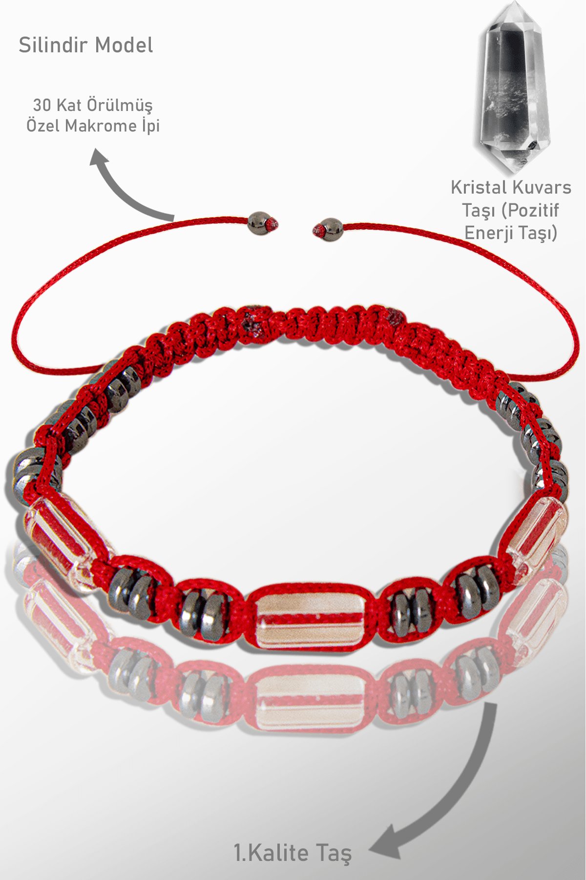 Sertifikalı Gerçek Hematit - Kristal Kuvars Taşı Bileklik - Ayarlamalı