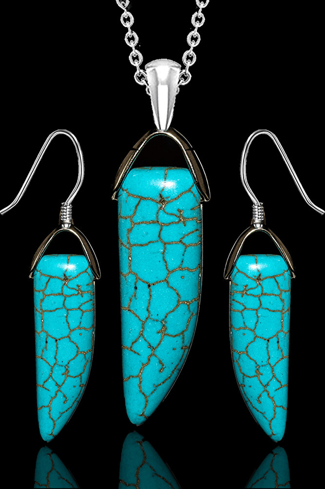 Sertifikalı Boynuz Kesim 1.kalite Firuze Taşı Kolye Ve Küpe Seti - Iran