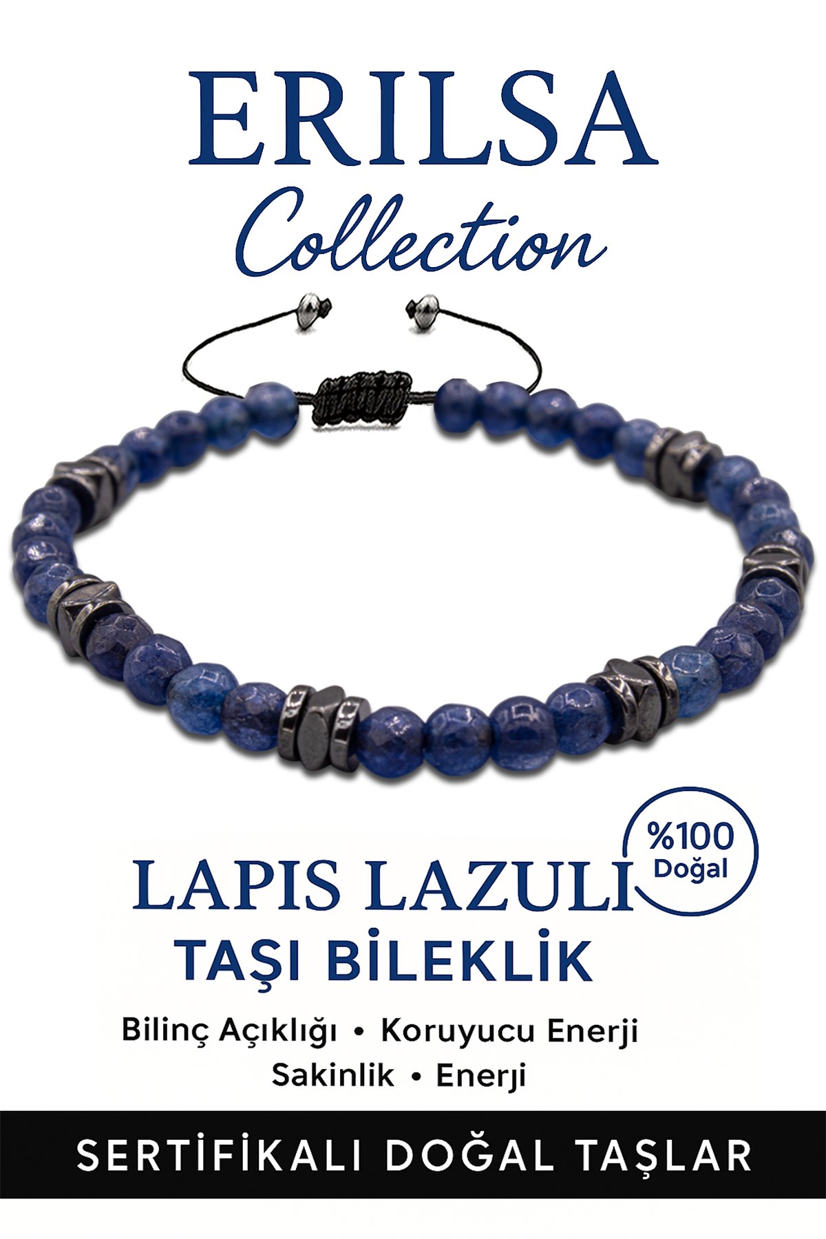 Sertifikalı İnce Model Fasetli AAA+ Terahertz ve Lapis Lazuli Bileklik – Bilgelik