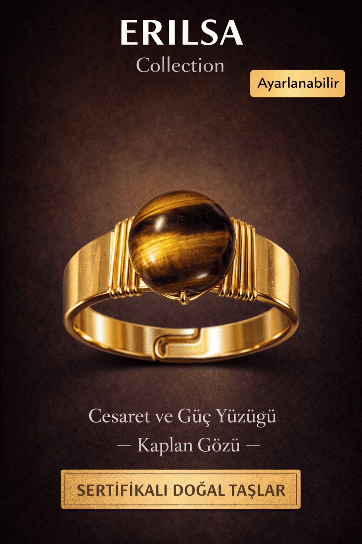 Sertifikalı Kaplan Gözü Doğal Taş Yüzük – Cesaret Güç Enerji Ayarlanabilir