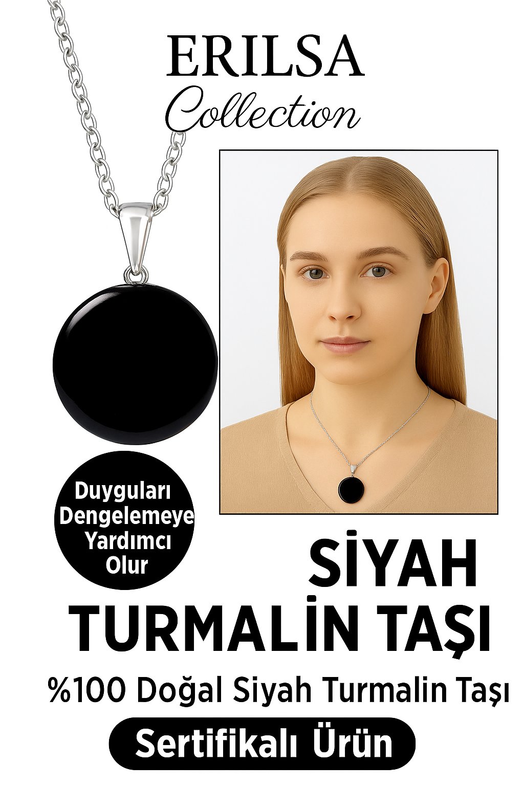 Sertifikalı Para Model Siyah Turmalin Taşı Kolye – Koruma ve Topraklama