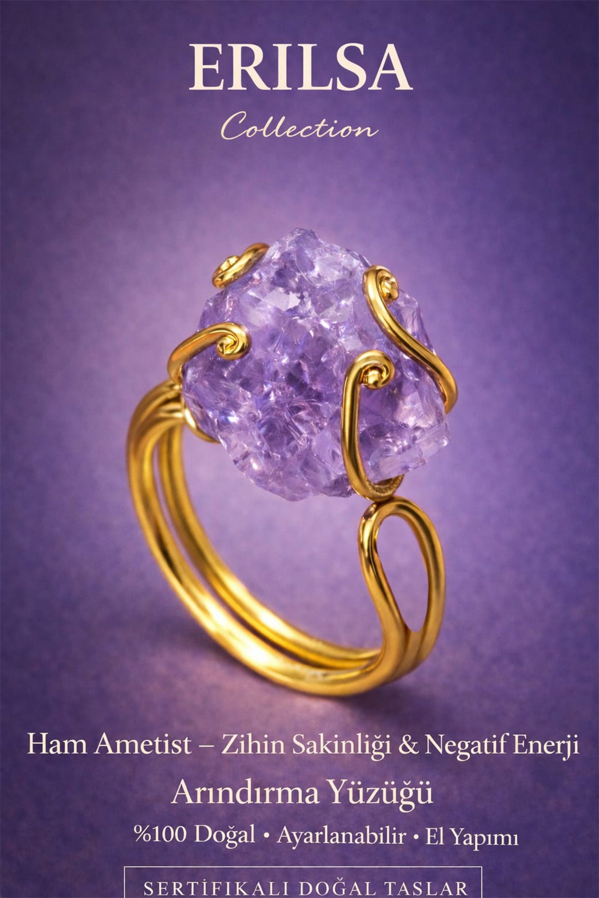Sertifikalı Zihin Sakinliği Negatif Enerji Arındırma Yüzüğü – Ham Ametist Taşı Ayarlamalı El Yapımı