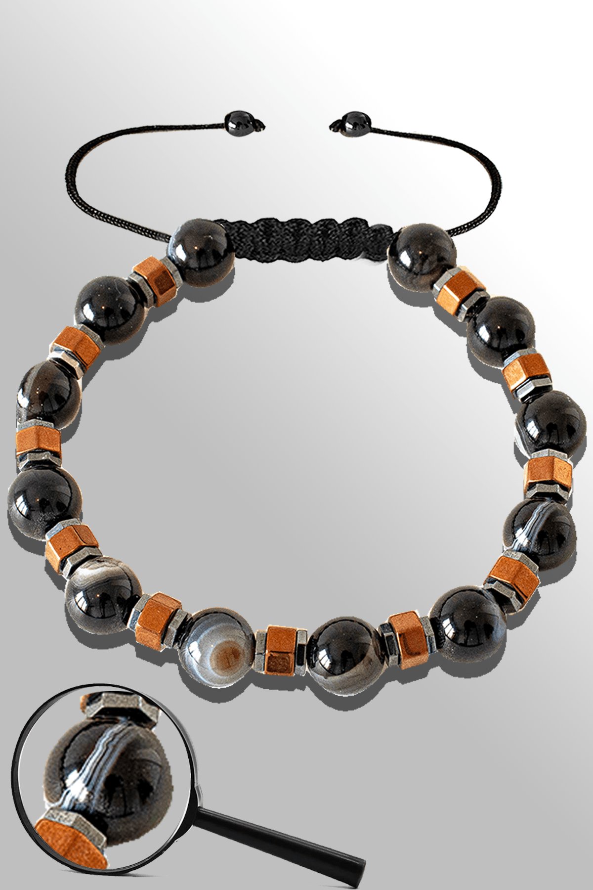 Sertifikalı Rose Hematitli Doğal Siyah Akik Taşı Bileklik - Göz Akiği