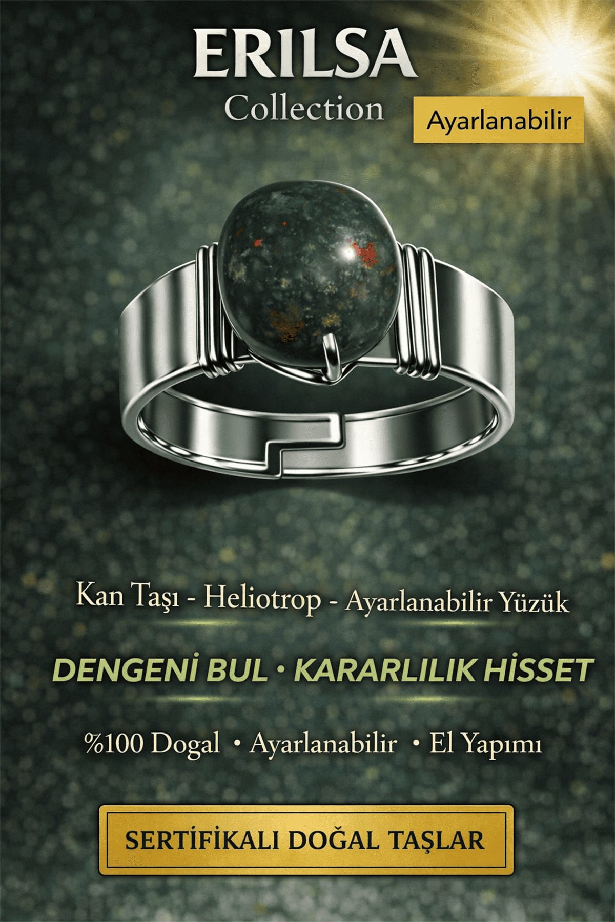 Sertifikalı Kan Taşı Heliotrop Yüzük Doğal Taş Ayarlanabilir El Yapımı Güç Taşı