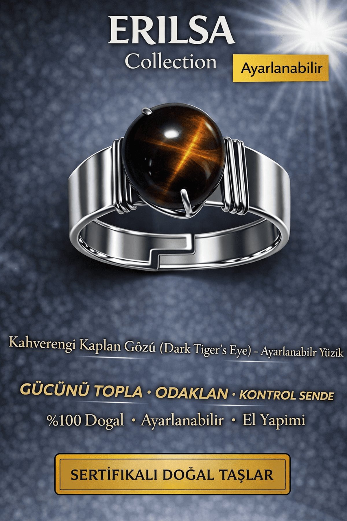 Sertifikalı Kaplan Gözü Doğal Taş Ayarlanabilir Yüzük – Odak ve Güç Taşı El Yapımı