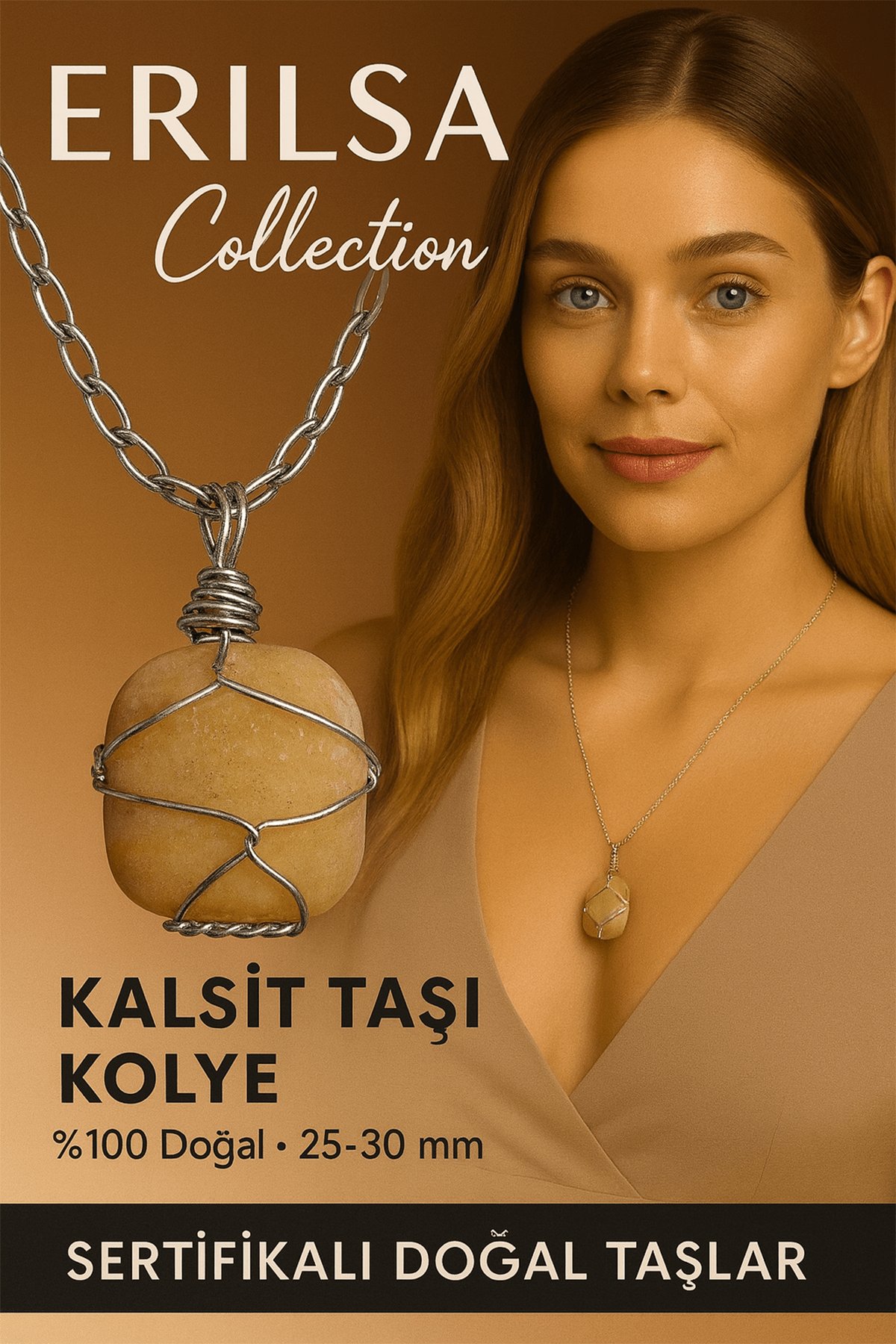 Sertifikalı Gümüş Tel Sargılı Doğal Kalsit Taşı Kolye – 25-30 mm Enerji ve Canlılık Taşı