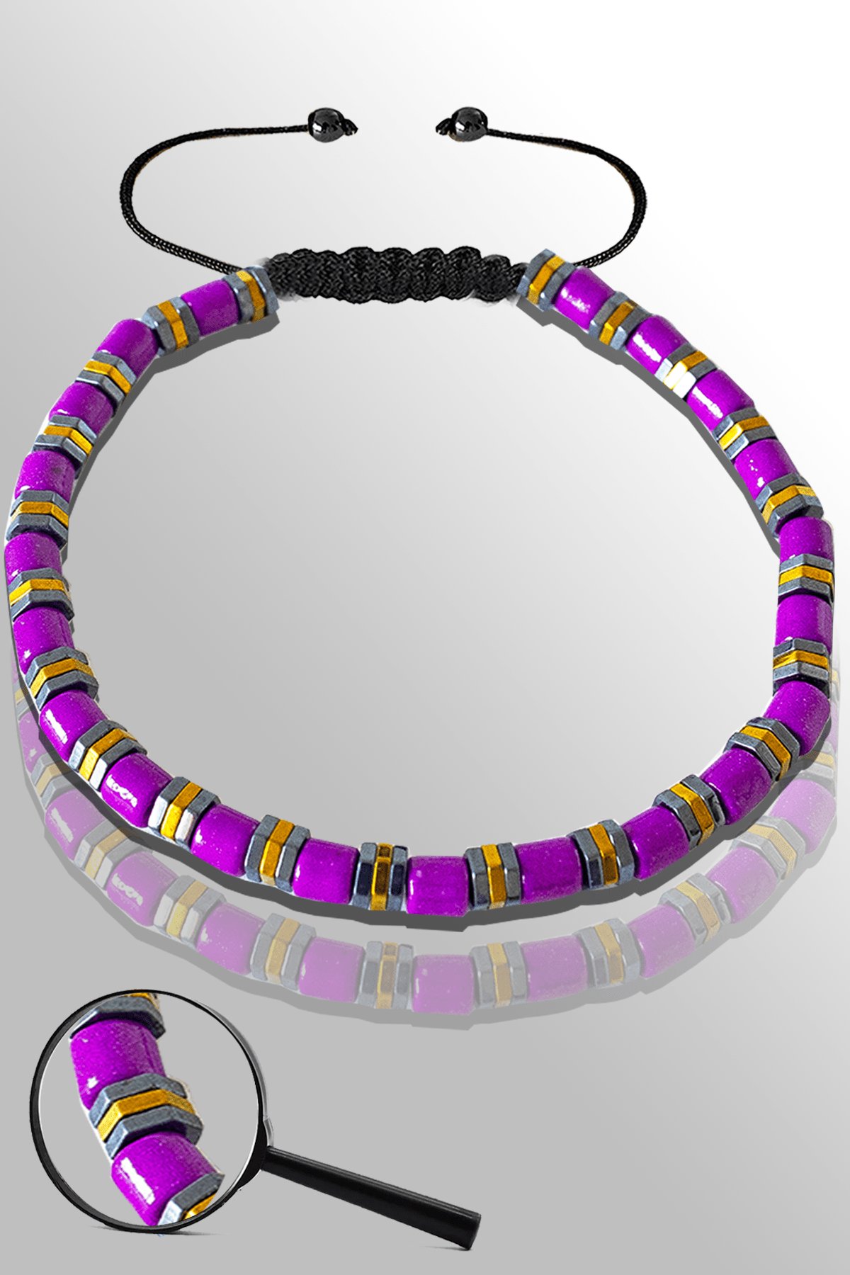 Sertifikalı Gold Silver Hematit Gerçek Mor Sedef Taşı Bileklik - Ayarlamalı