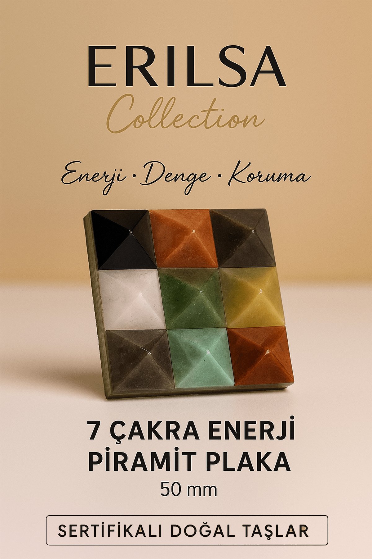 Sertifikalı 7 Çakra Enerji Piramit Plaka 50 mm – Enerji Dengeleme ve Koruma Doğal Taş