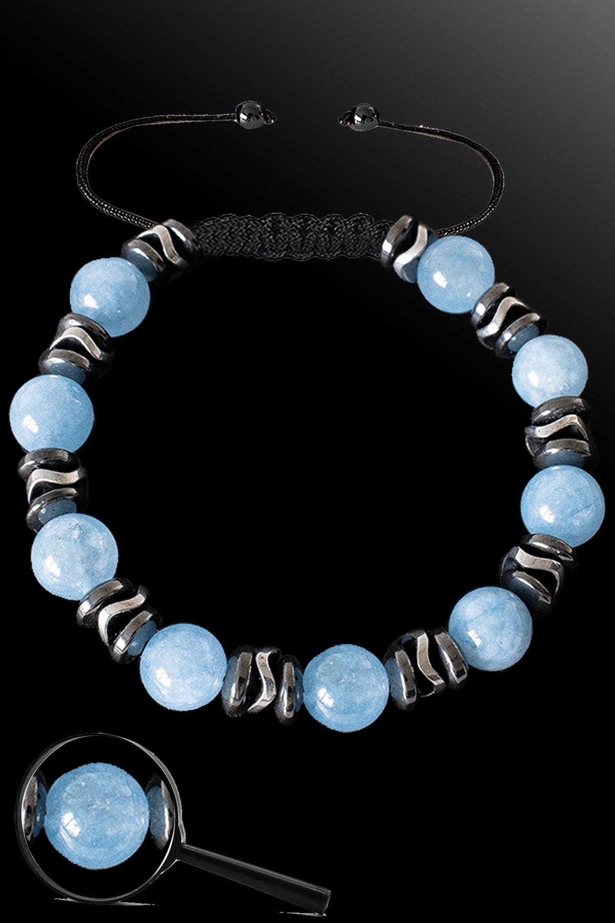 Sertifikalı Silver Hematitli 8 Mm Doğal Akuamarin Taşı Bileklik - Ayarlamalı