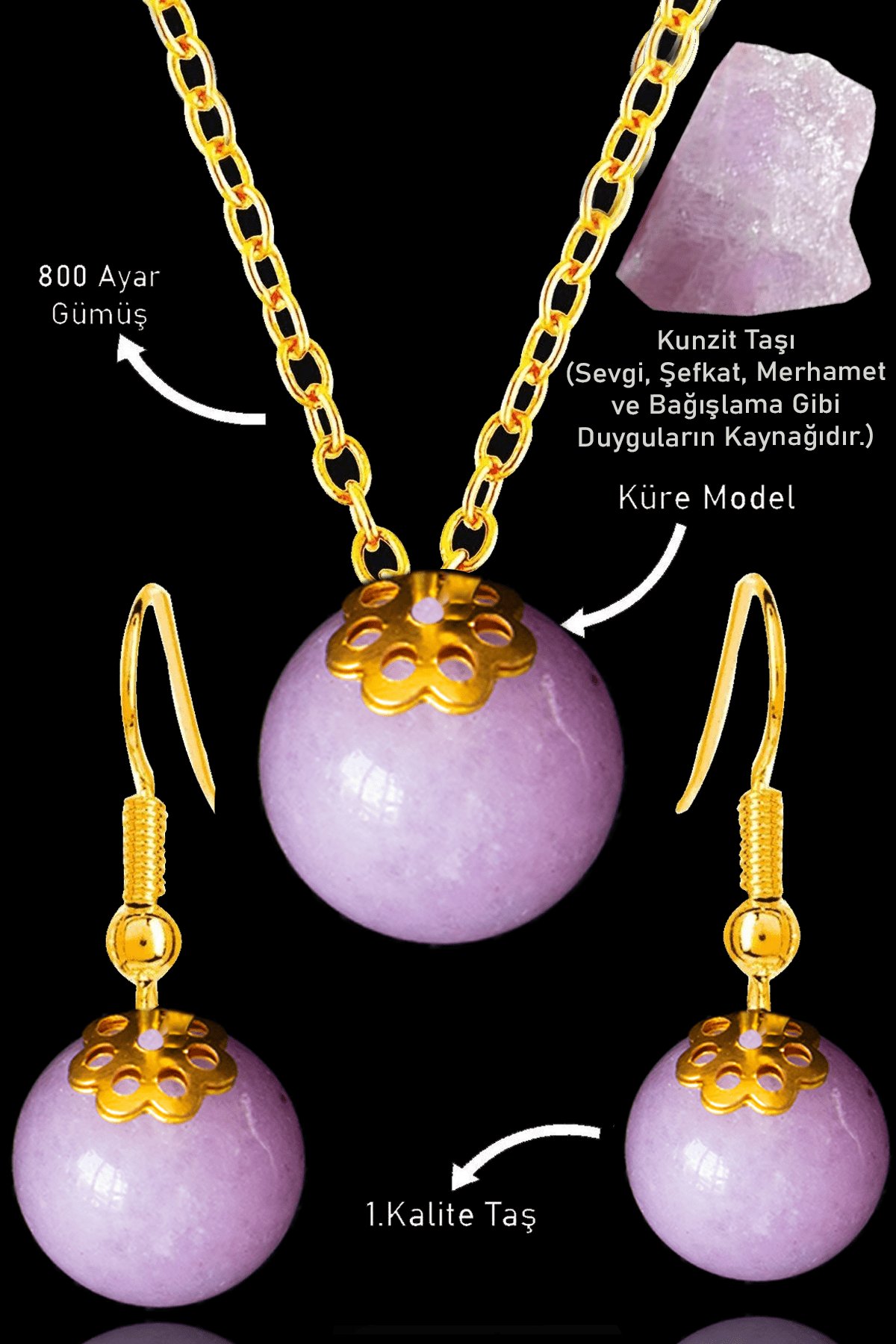 Sertifikalı Küre Model Kunzit Taşı Kolye ve Küpe Seti - Gümüş Aparatlı