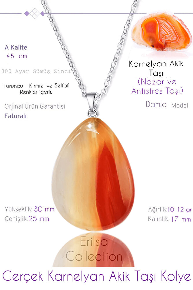 Sertifikalı Damla Model Gerçek Karnelyan Akik Taşı Kolye