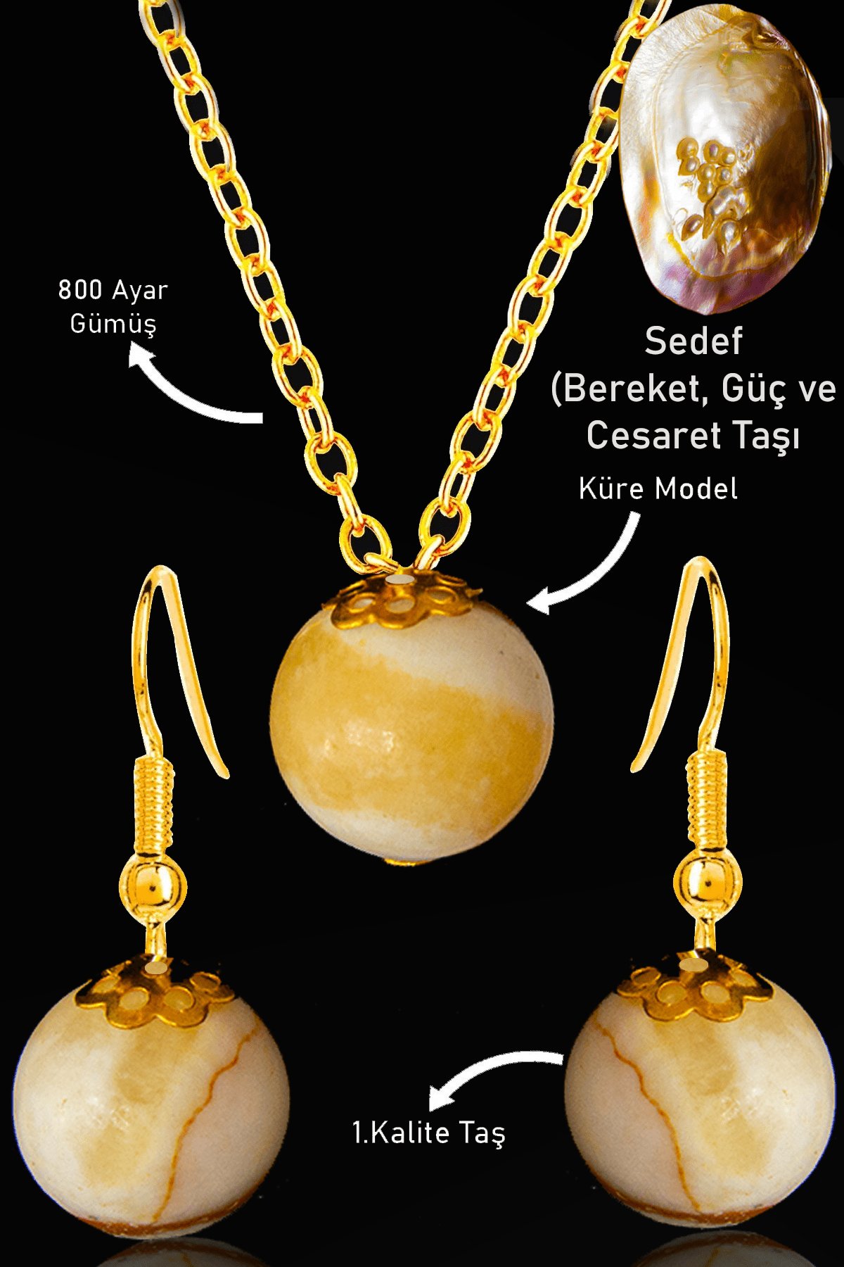 Sertifikalı Gold Küre Model Sedef Taşı Kolye ve Küpe Seti - Gümüş Aparatlı