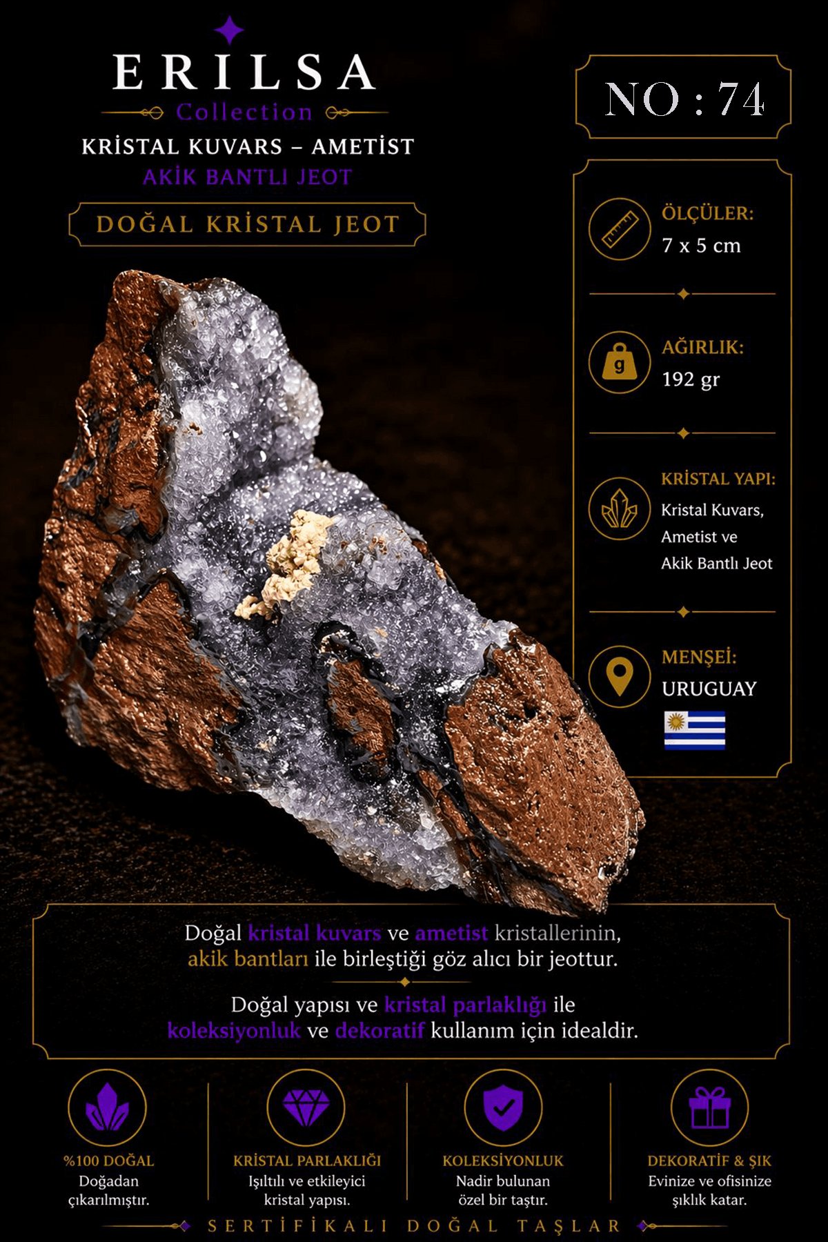 Sertifikalı Doğal Ametist Jeodu Akik Bantlı Kristal Kuvars Ham Kaya Uruguay NO74
