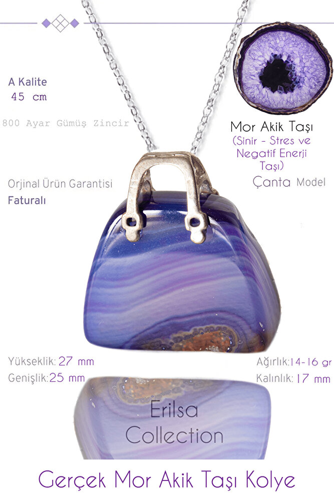 Sertifikalı Çanta Model Mor Akik Taşı Kolye