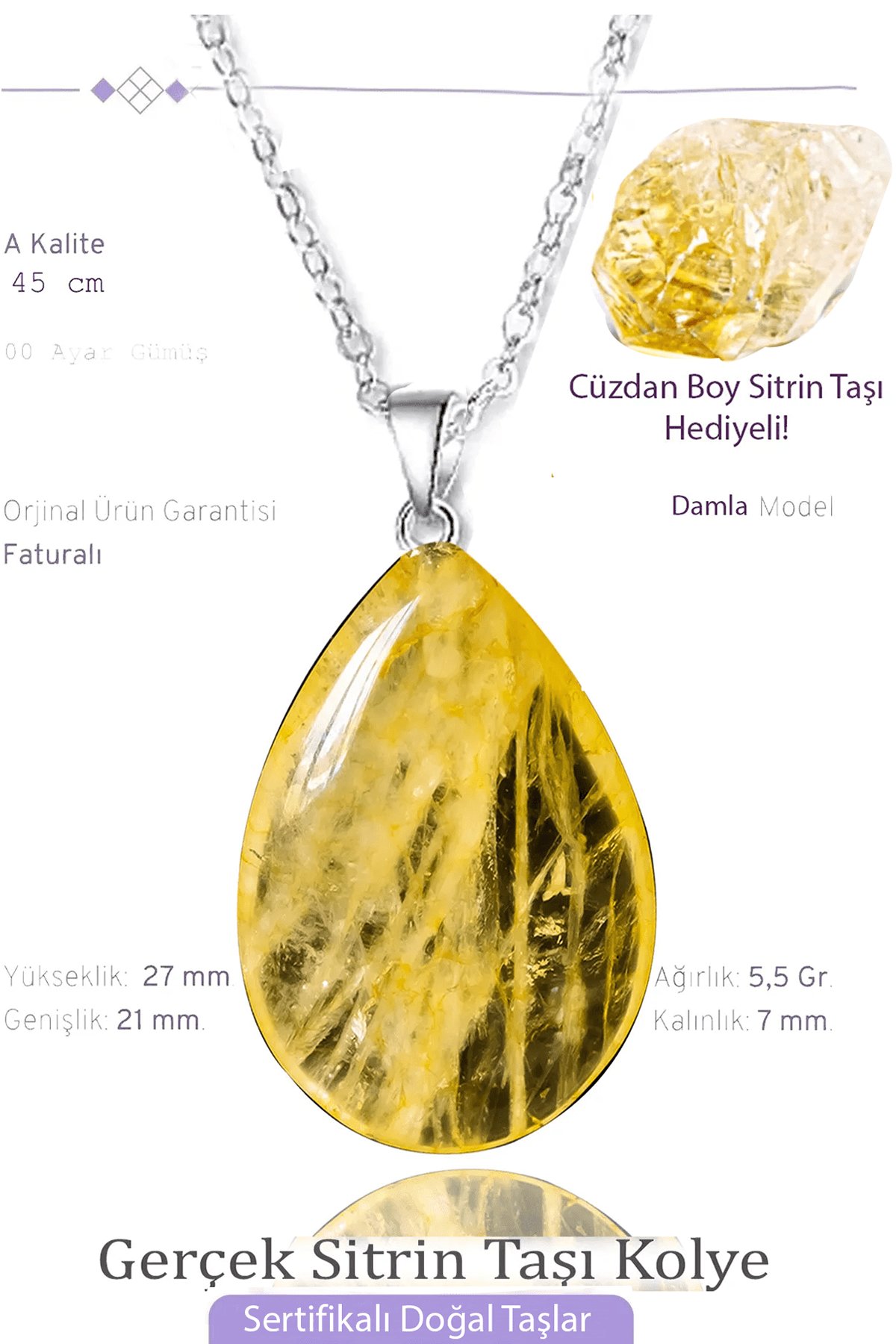 Sertifikalı Damla Model Gerçek Sitrin Taşı Kolye - Gümüş Aparatlı