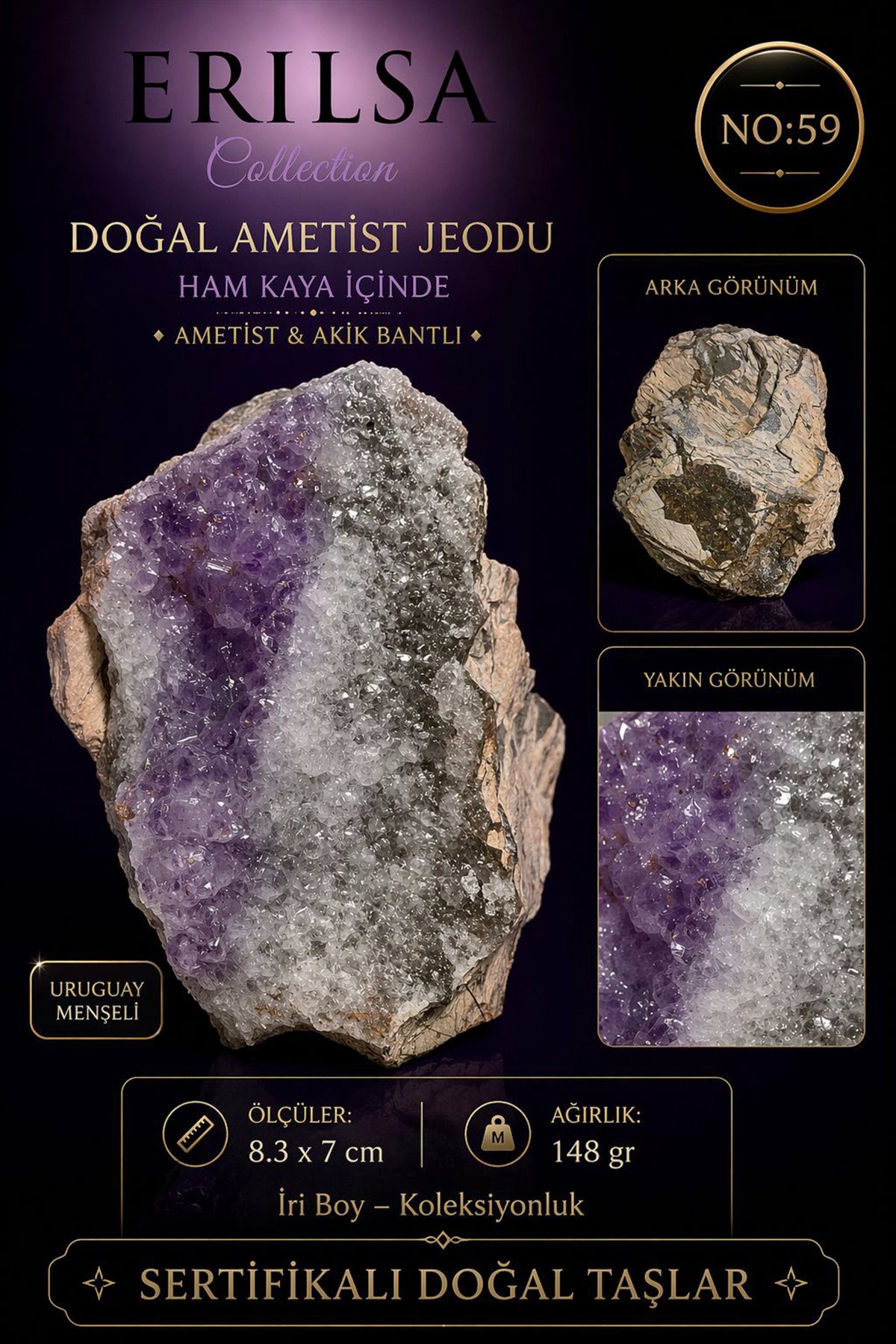 Sertifikalı Doğal Ametist Jeodu Kristal Kuvars Akik Bantlı Koleksiyon Taşı NO59