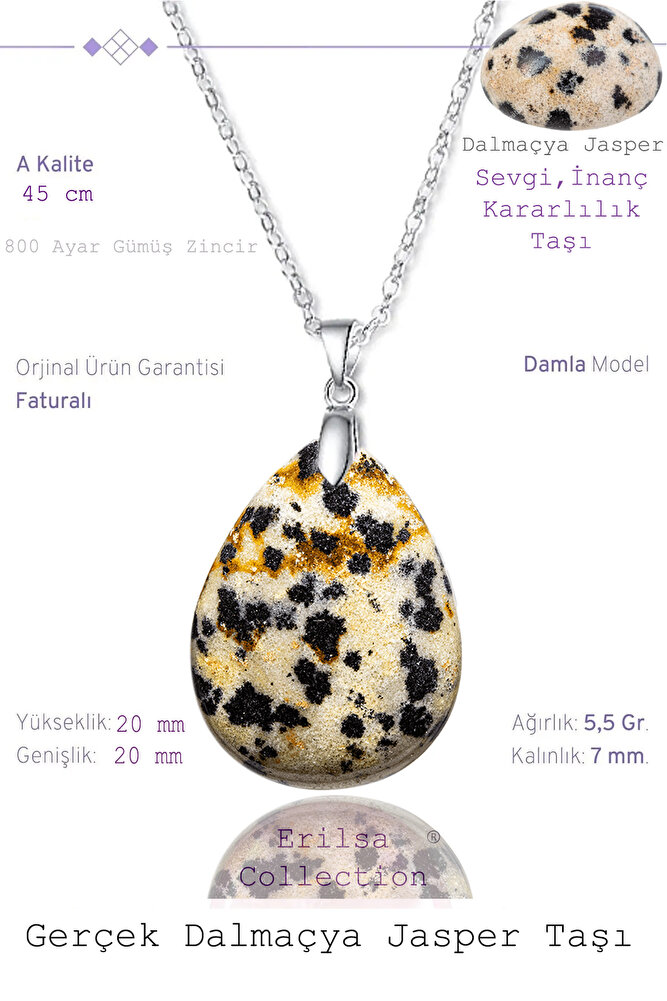 Sertifikalı Damla Model Dalmaçya Bıldırcın Jasper Taşı Kolye (Gümüş Aparatlı)