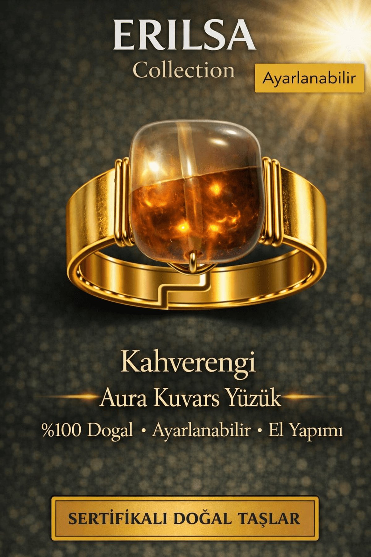 Sertifikalı Kahverengi Aura Kuvars Yüzük Doğal Taş Yüzük Ayarlanabilir El Yapımı Enerji Taşı