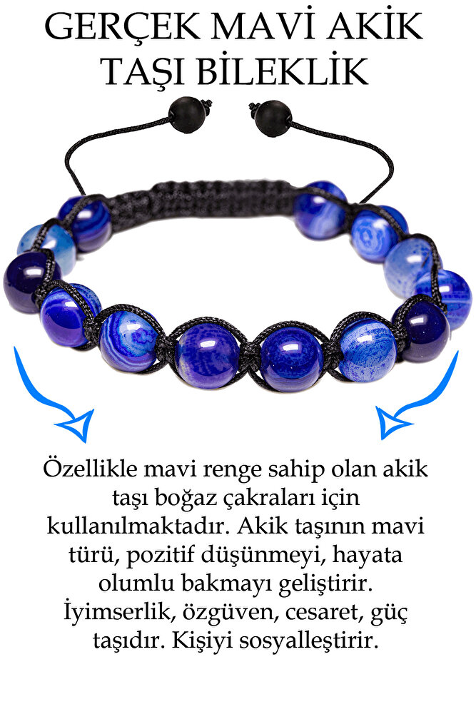 Sertifikalı Damarlı Mavi Akik Taşı Bileklik - Makrome