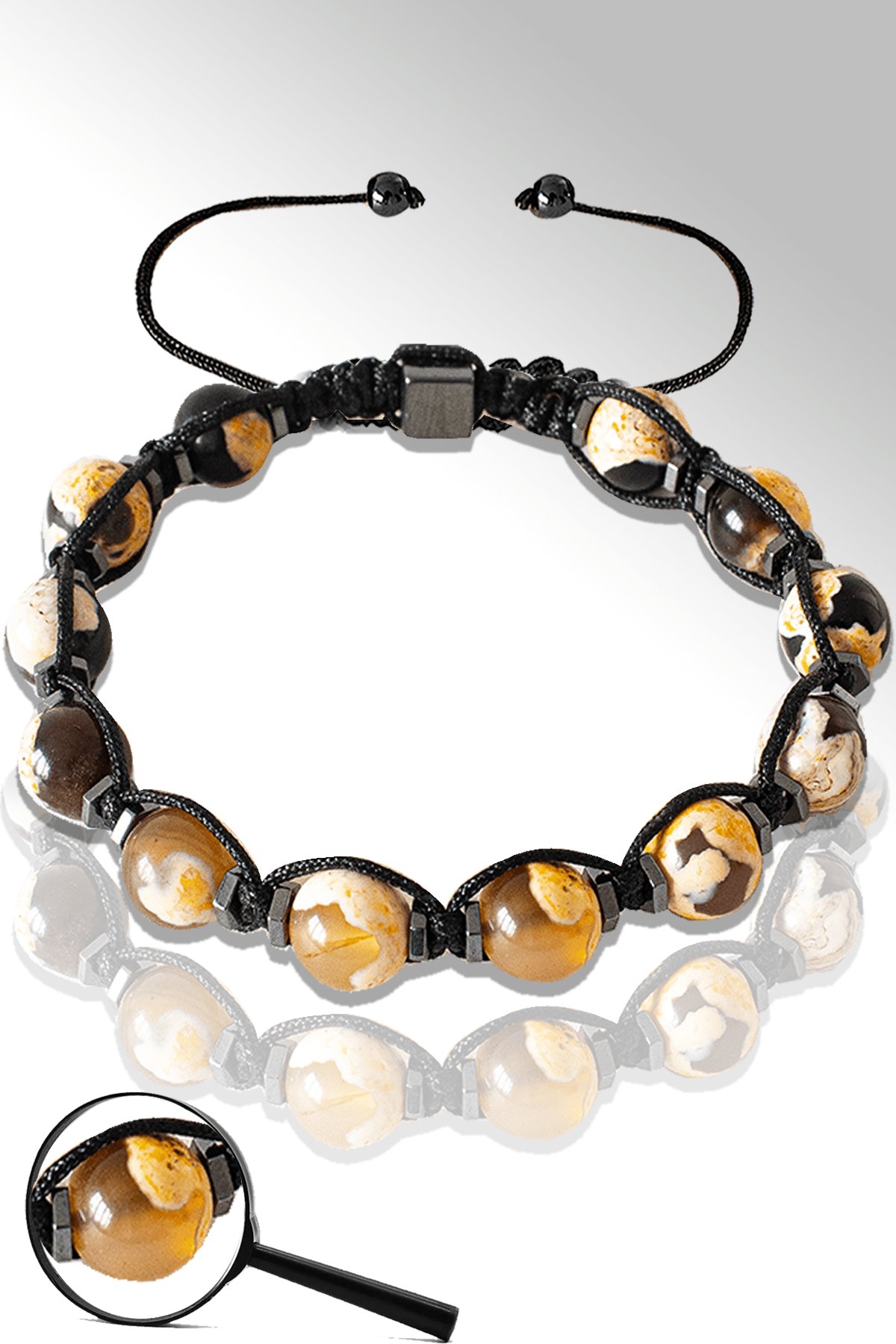 Sertifikalı Hematitli Beyaz Kahverengi Akik Taşı Bileklik - Tibet Akiği