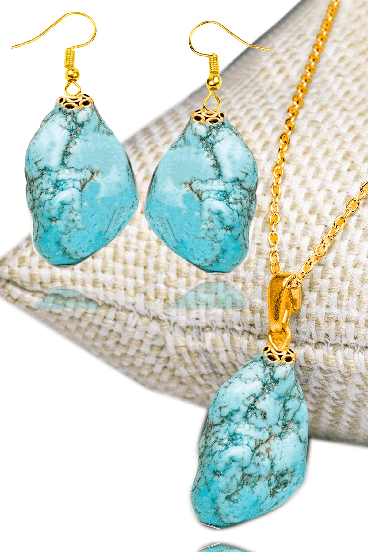 Sertifikalı Gold Ham Işlenmemiş Doğal Firuze Taşı Kolye ve Küpe Seti (Turkuaz Taşı)