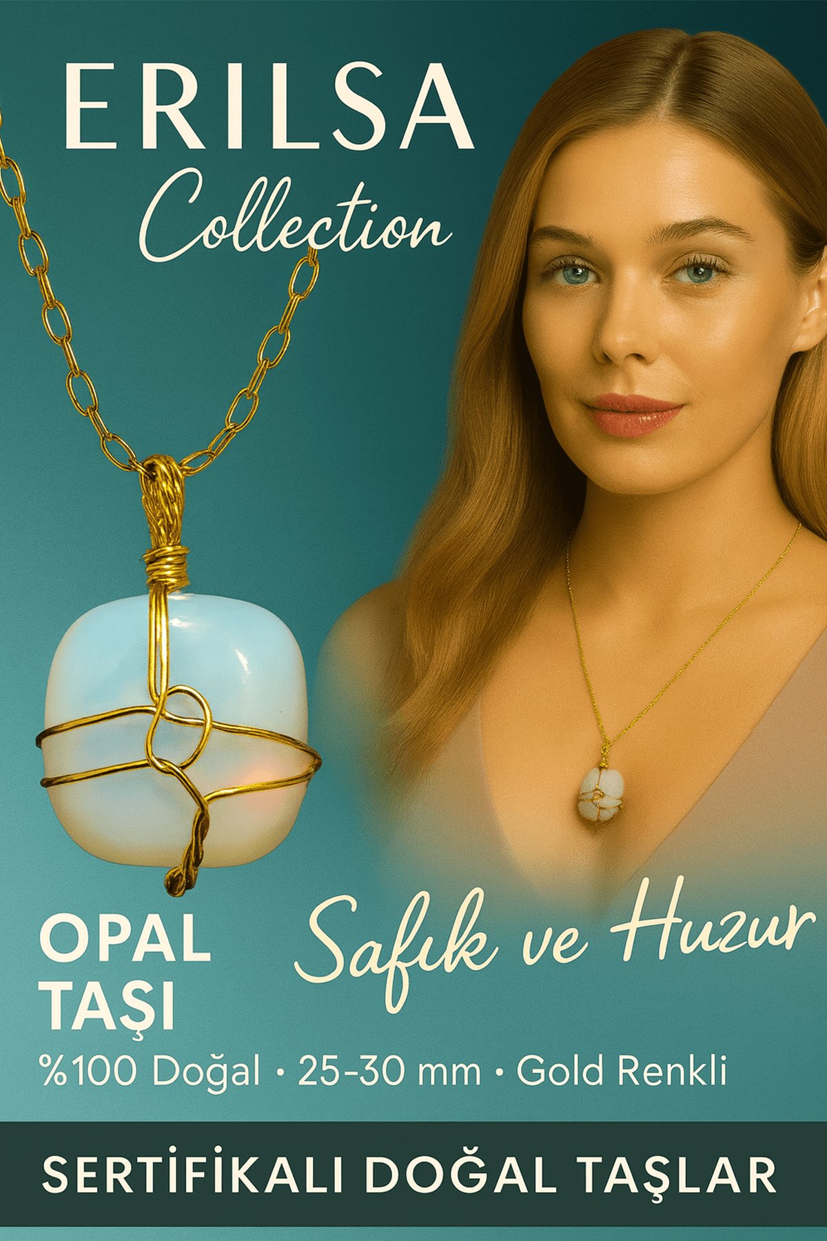 Sertifikalı Tel Sargılı Doğal Opal Taşı Kolye – Altın Kaplama Pozitif Enerji ve Sezgi Taşı