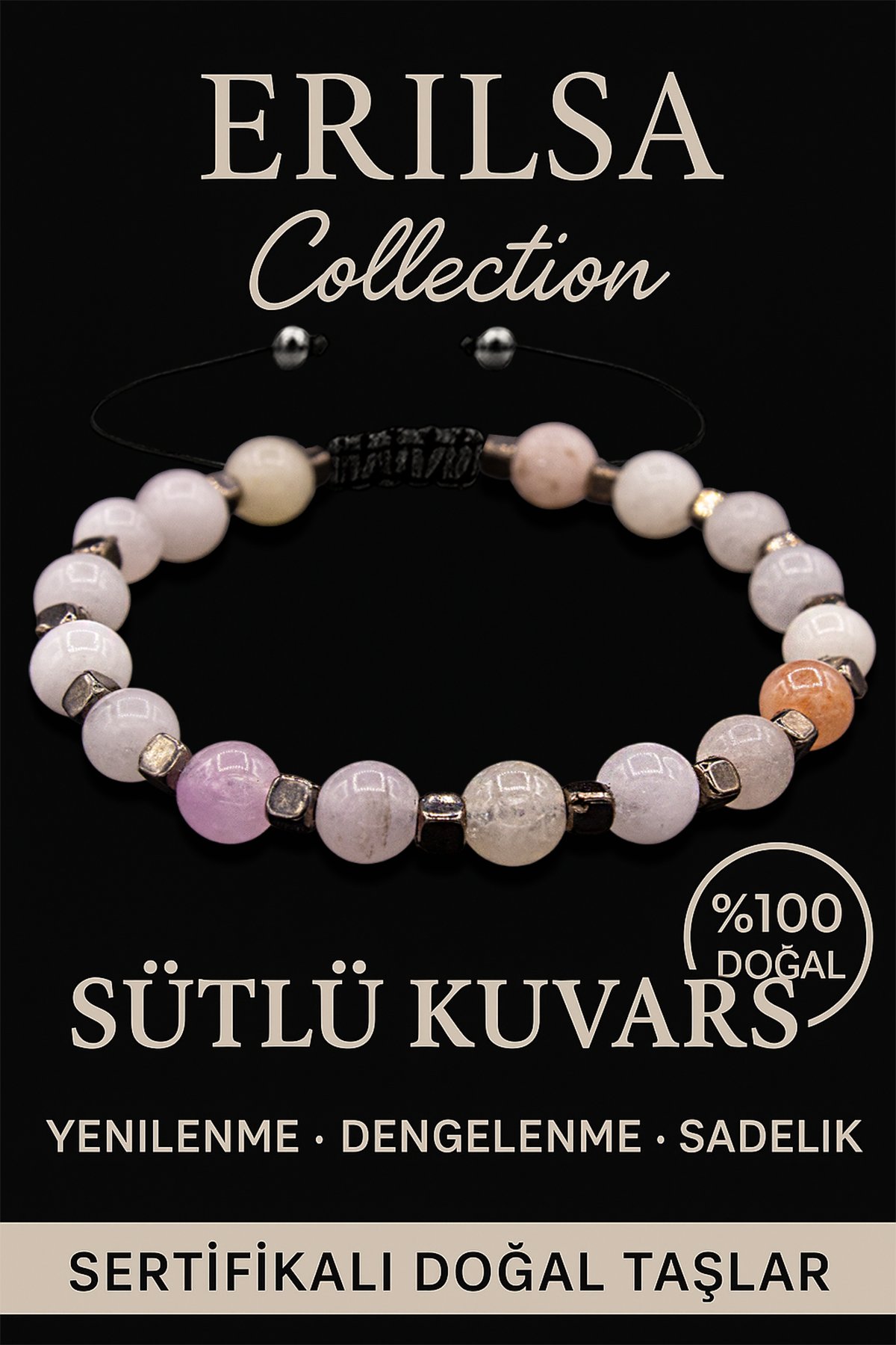 Sertifikalı 6mm Terahertz &amp; Sütlü Kuvars Taşı Bileklik – Arınma, Netlik ve Koruyucu Enerji