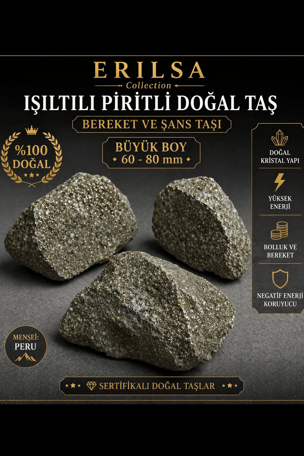 Sertifikalı Işıltılı Pirit Taşı Kütle 60-80 mm Büyük Boy Koleksiyonluk Doğal Kaya