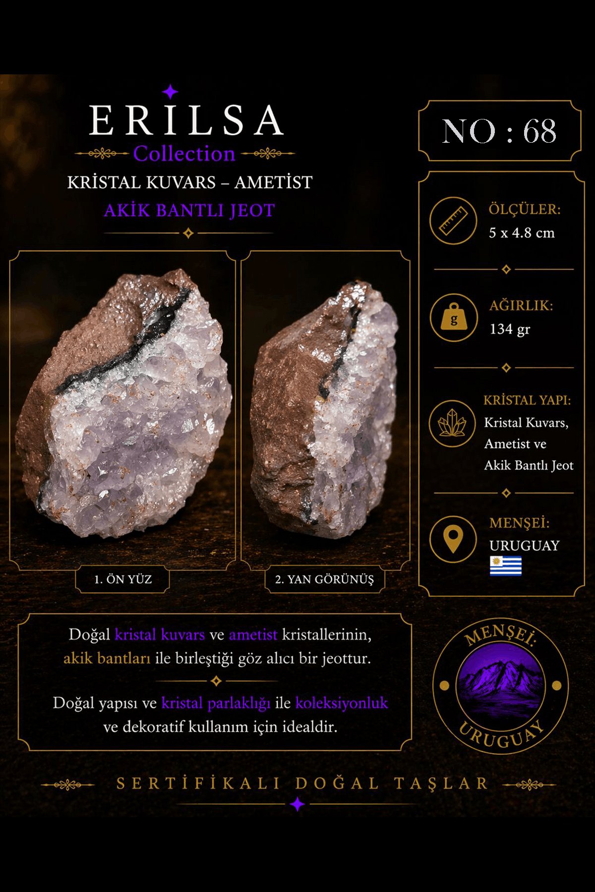 Sertifikalı Doğal Ametist Jeodu Akik Bantlı Kristal Kuvars Ham Kaya Uruguay NO68